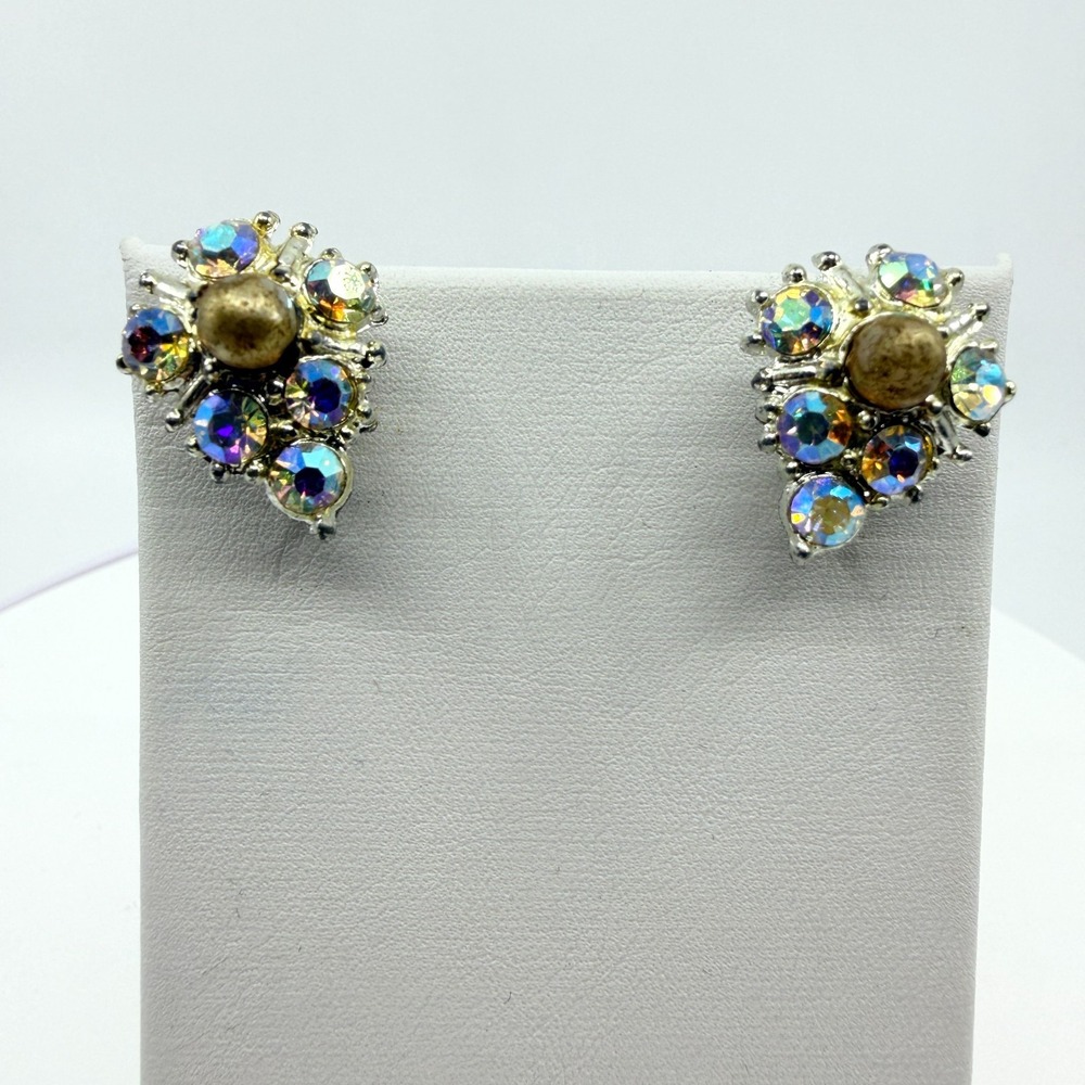 Vintage Mid-Century Aurora Borealis Rhinestone Faux Pearl Screw Back Earrings